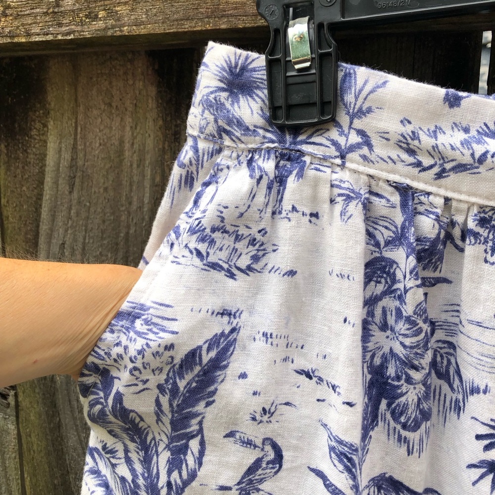 Joie 100% Linen Tropical Toile Midi Skirt Size XL Pockets Blue White Beach - Picture 9 of 15